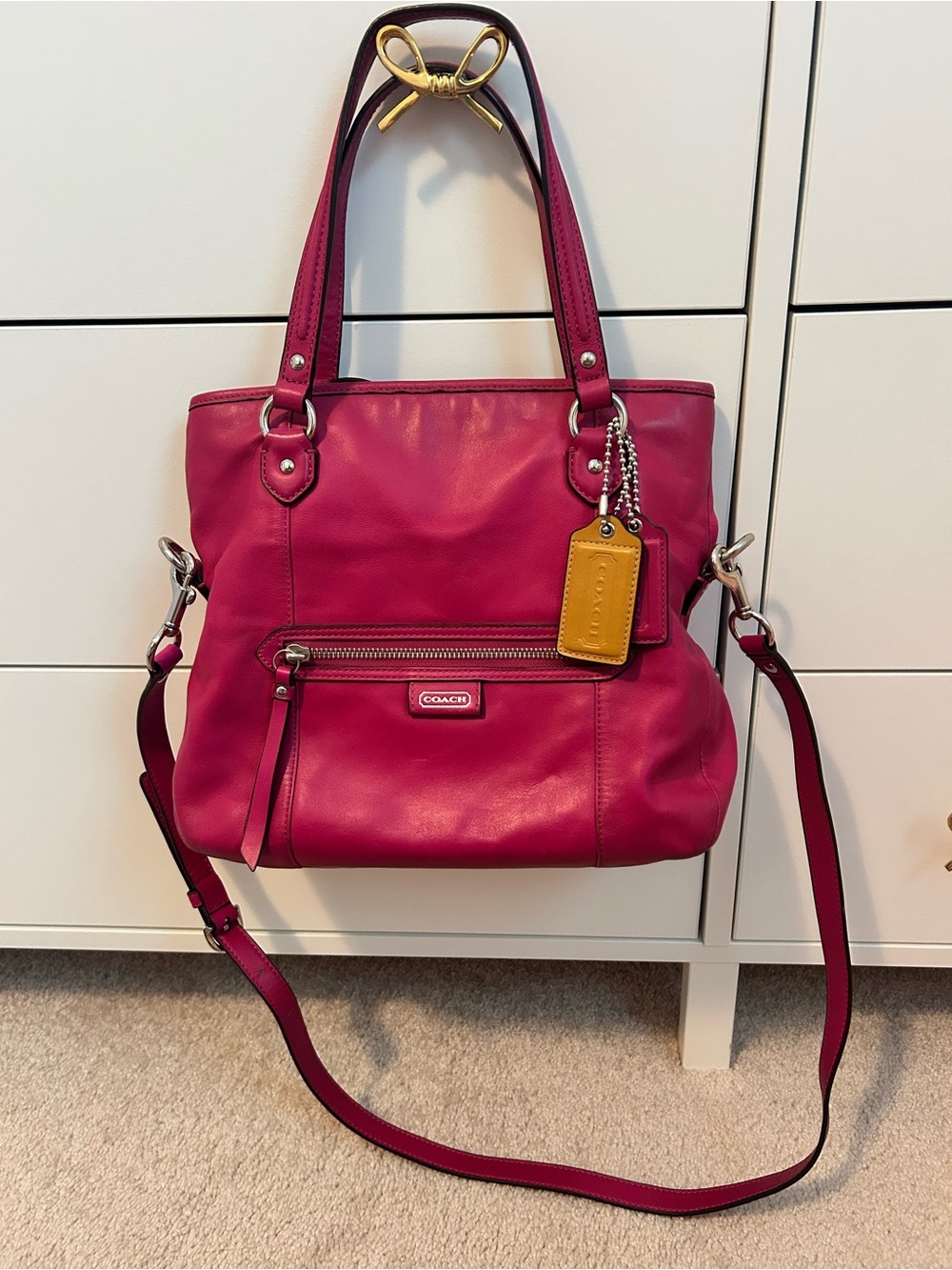 Coach Magenta Leather Tote with Yellow Tag